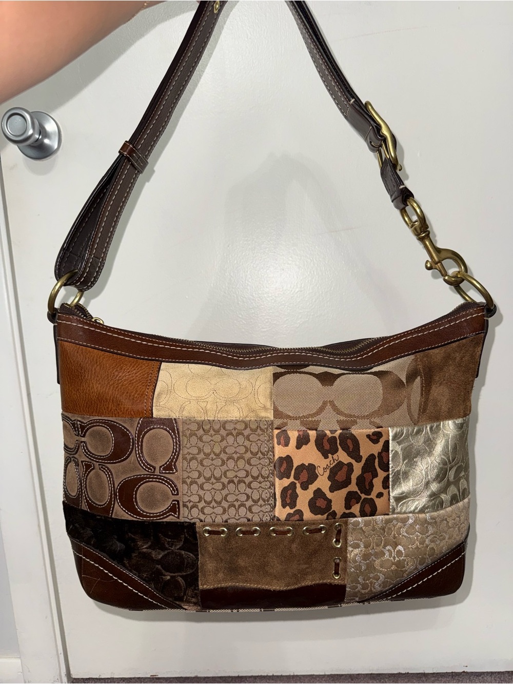 Coach vintage patchwork shoulder bag with multi material panels & gold hardware